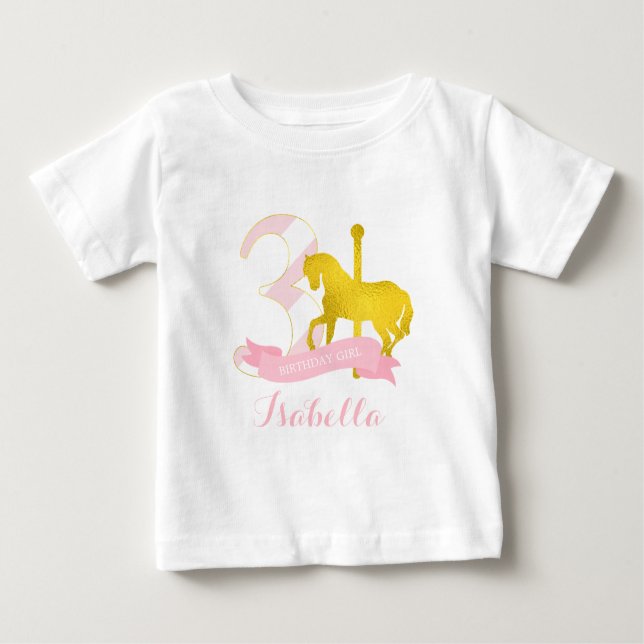 Pink Carousel Horse Birthday Girl Baby T-Shirt (Front)