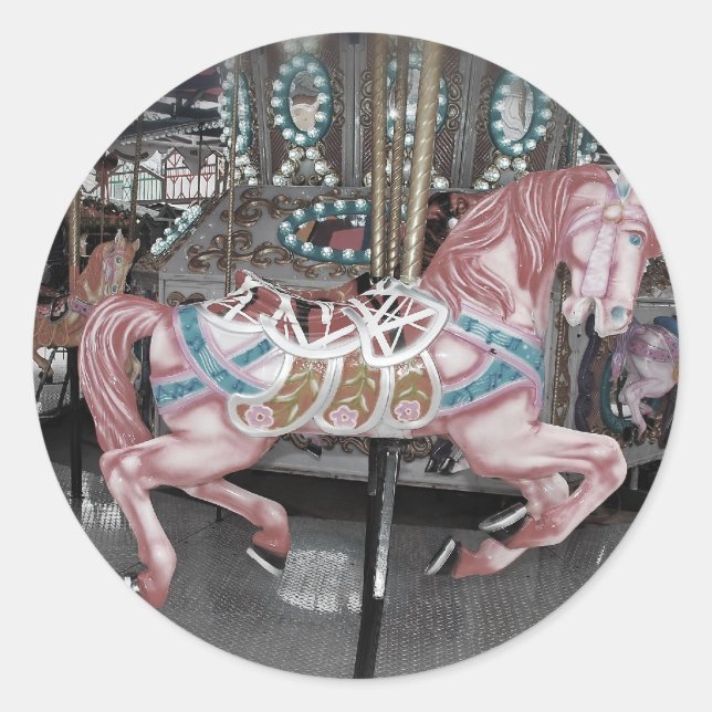 Pink carousel horse classic round sticker (Front)