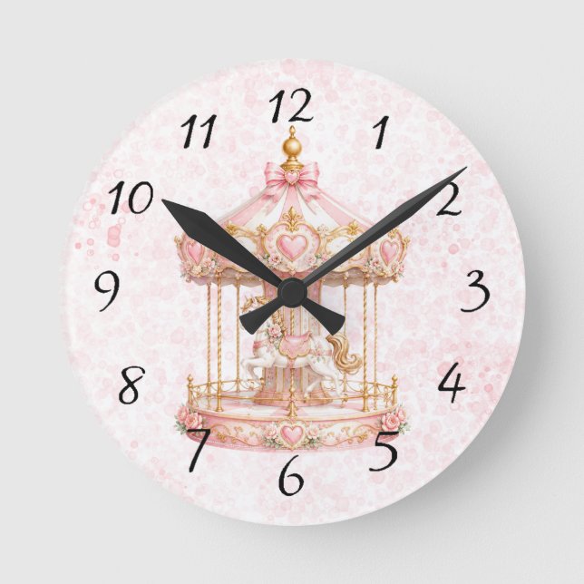 Pink Carousel Princess Birthday Party  Round Clock (Front)