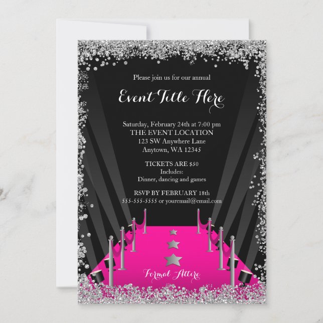 Pink Carpet Hollywood Silver Glitter Formal Event Invitation (Front)