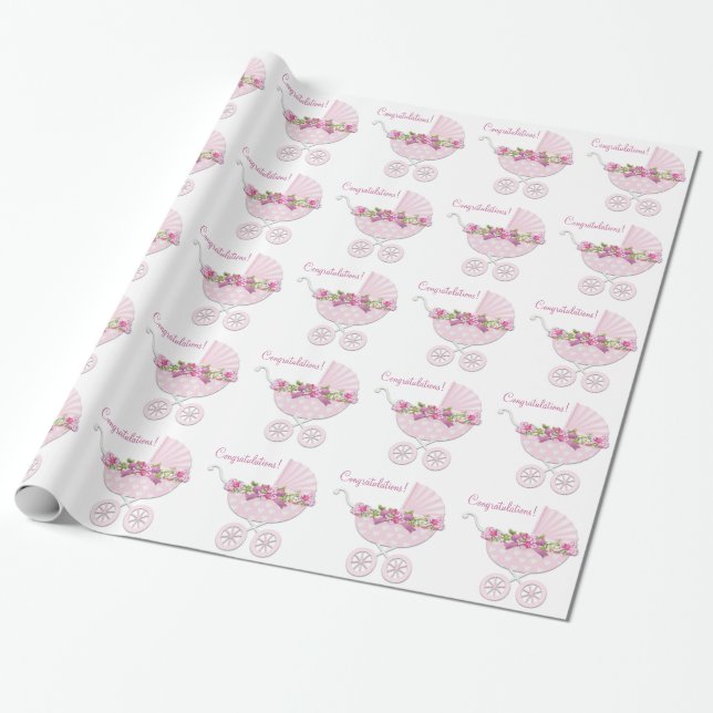 Pink Carriage Baby Girl Wrapping Paper (Unrolled)