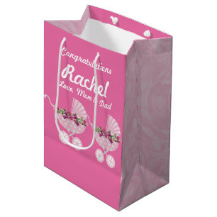 Pink Carriage Girl Baby Shower 7” l x 4.5” w x 10” Medium Gift Bag