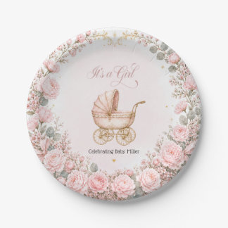 Pink Carriage It's a Girl Baby Shower Personalized Paper Plate