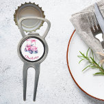 Pink cart name divot tool<br><div class="desc">Personalise and add your name. White background. Decorated with a pink golf cart with a girly bow. Pink, curved text.</div>