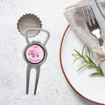 Pink cart name  divot tool<br><div class="desc">Personalise and add your name.    Pink background. Decorated with a pink golf cart with a girly bow.  Hot pink curved text.</div>