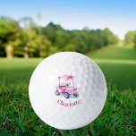 Pink cart name  golf balls<br><div class="desc">Personalise and add your name.    White background. Decorated with a pink golf cart with a girly bow.  Pink,  curved text.</div>