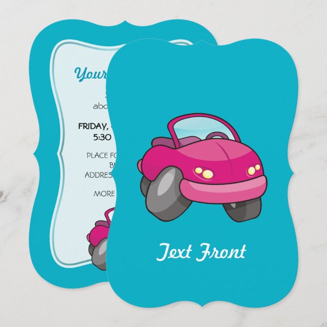 Pink Cartoon Car Invitation (Front/Back)