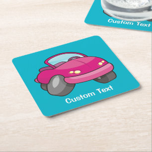 Pink Cartoon Car Square Paper Coaster