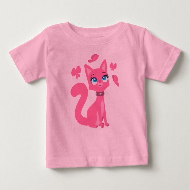 Pink Cartoon Cat and Butterflies Baby T-Shirt (Front)