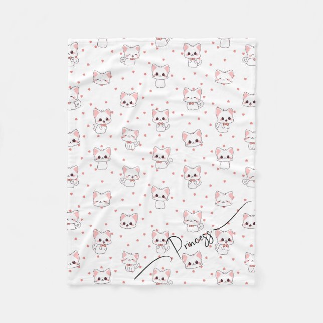 Pink Cartoon Cat Pattern with Stars and Pet Name  Fleece Blanket (Front)