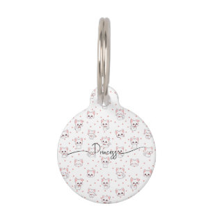 Pink Cartoon Cat Pattern with Stars and Pet Name Tag