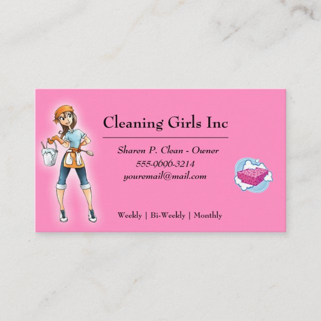 Pink Cartoon Girl House Cleaning Service Business Card (Front)