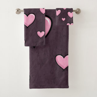 Pink Cartoon Hearts on Dark Grunge Texture Bath Towel Set