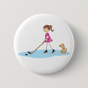 Pink Cartoon Hockey Girl 6 Cm Round Badge
