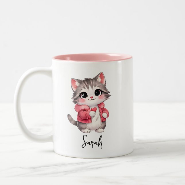 Pink Cartoon Kitty Cat Personalised Coffee Mug (Left)