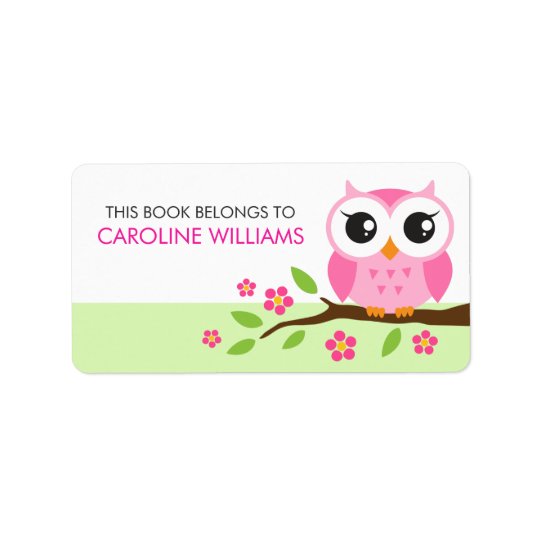 Pink cartoon owl on branch bookplate book label address label