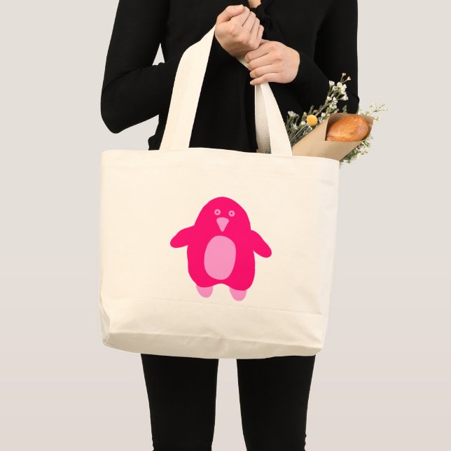 Pink Cartoon Penguin  Large Tote Bag (Front (Product))