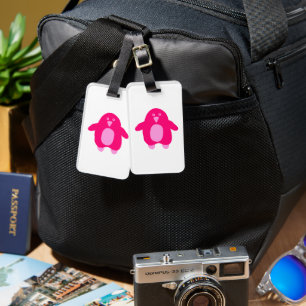 Pink Cartoon Penguin Luggage Tag