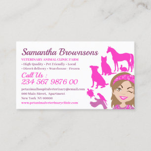 Pink Cartoon Pet Animal Trainer Groomer Veterinary Business Card