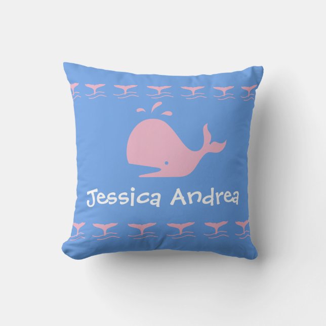 Pink CARTOON whale / w/ blue & white Personalised Cushion (Front)