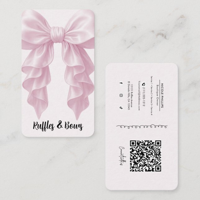 Pink Cascade Ruffle Bow Elegant Posh Boutique QR Business Card (Front/Back)
