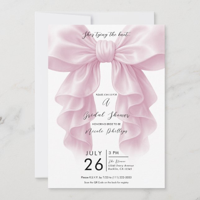Pink Cascade Ruffle Bow Tying Knot Bridal Shower  Invitation (Front)