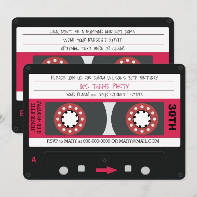 Pink Cassette Tape Retro 80s Birthday Party Invita Invitation (Front/Back)