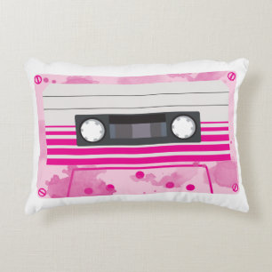 Pink Cassette Tape with Pink Watercolor Splashes Decorative Cushion