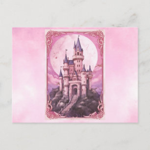 Pink Castle Full Moon Pink Watercolor Halloween Holiday Postcard
