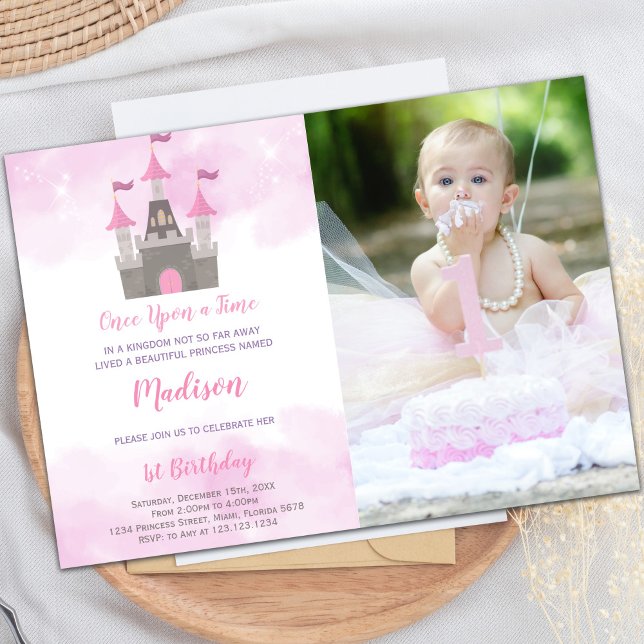 Pink Castle Princess Birthday Invitations (Pink Castle Princess Birthday Invitations w Photo)