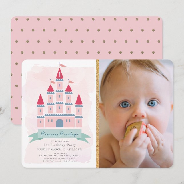 Pink Castle Princess Girl Photo 1st Birthday Invitation (Front/Back)