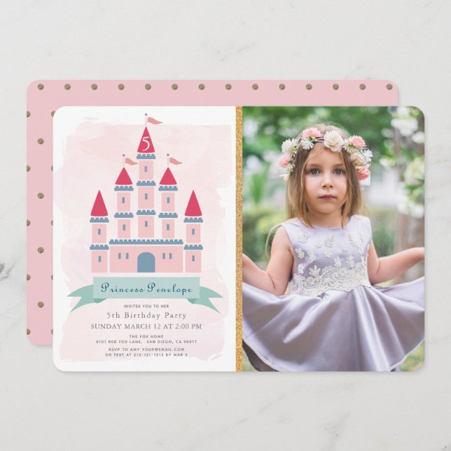 Pink Castle Princess Girl Photo Birthday Invitation (Front/Back)