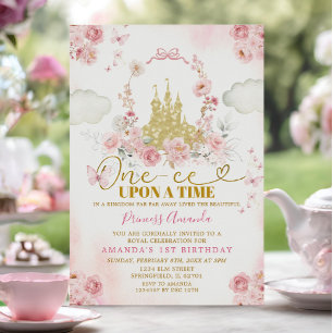 Pink Castle Princess One-ce Upon A Time Birthday Invitation