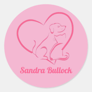 Pink Cat And Dog Line Art With Personalised Name Classic Round Sticker