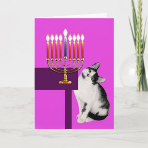 Pink Cat and Menorah Hanukkah Card