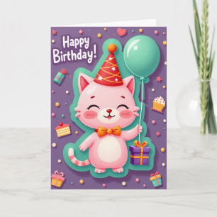 Pink Cat Birthday Joy Card