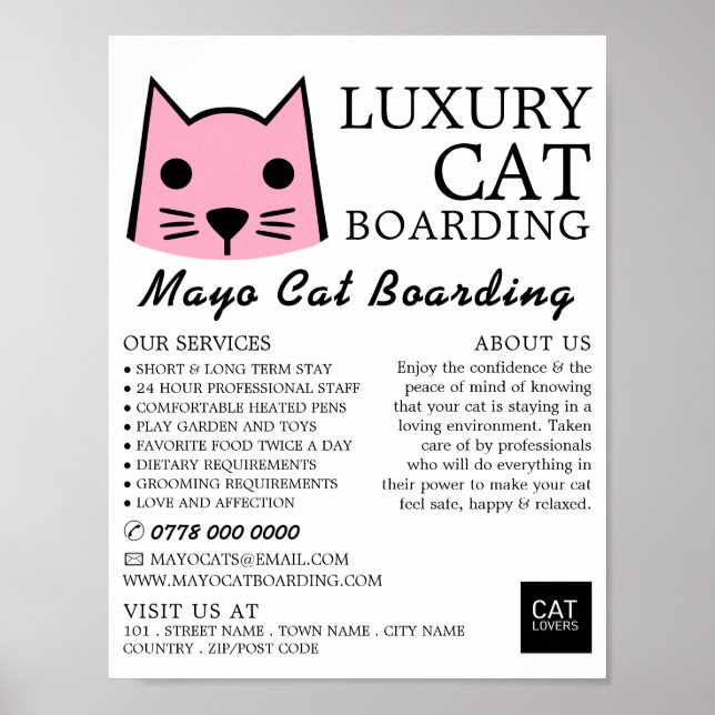Pink Cat, Cat Boarding, Cattery Advertising Poster (Front)