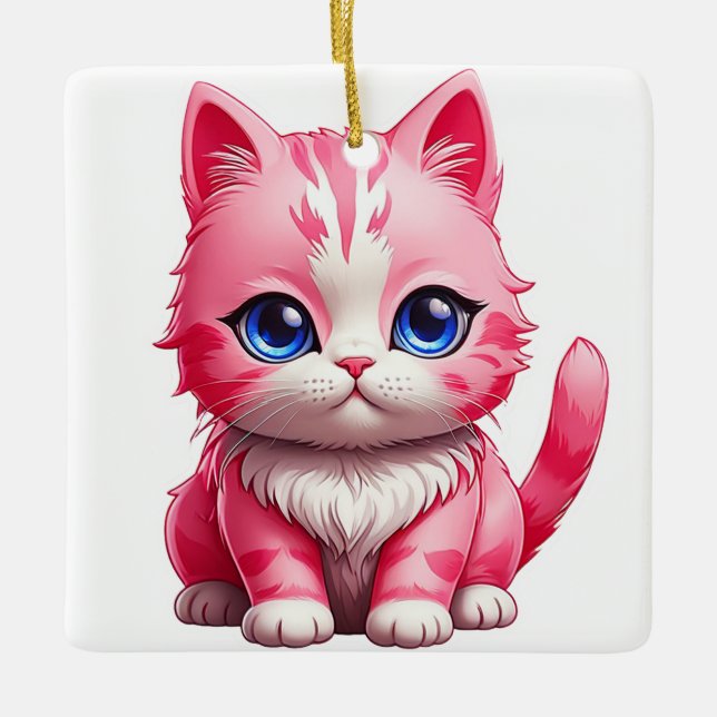 Pink Cat Ceramic Ornament (Front)