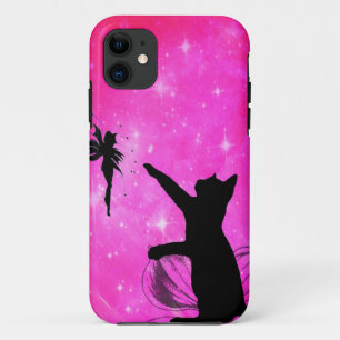 Pink Cat Chasing a Fairy iPhone 11 Case