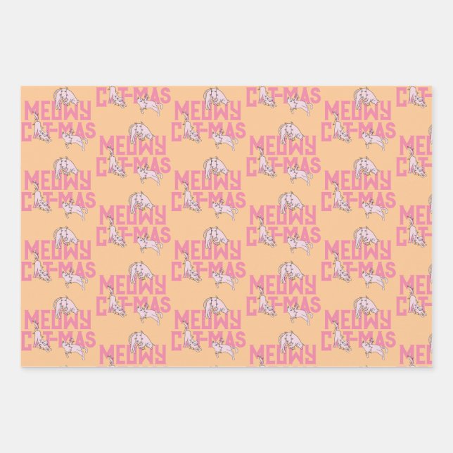 Pink Cat Christmas Light Holiday Wrapping Paper Sheet (Front)