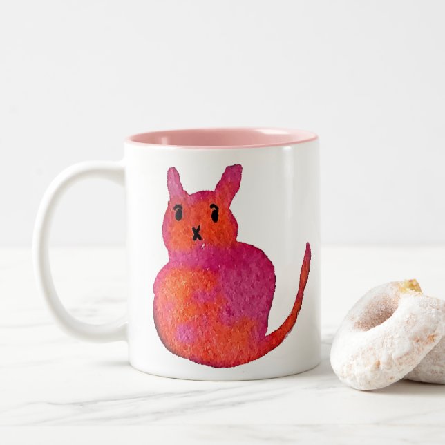 Pink cat funky cute kitty Two-Tone coffee mug (With Donut)