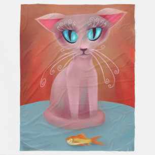 Pink Cat Goldfish Blue Tablecloth Painting Fleece Blanket