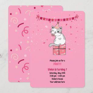 Pink Cat Kids Birthday Party Invitation