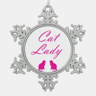 Pink cat lady snowflake pewter christmas ornament