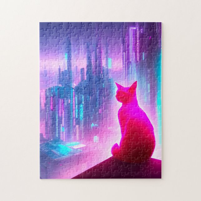 Pink Cat Looking Out Over City Jigsaw Puzzle (Vertical)