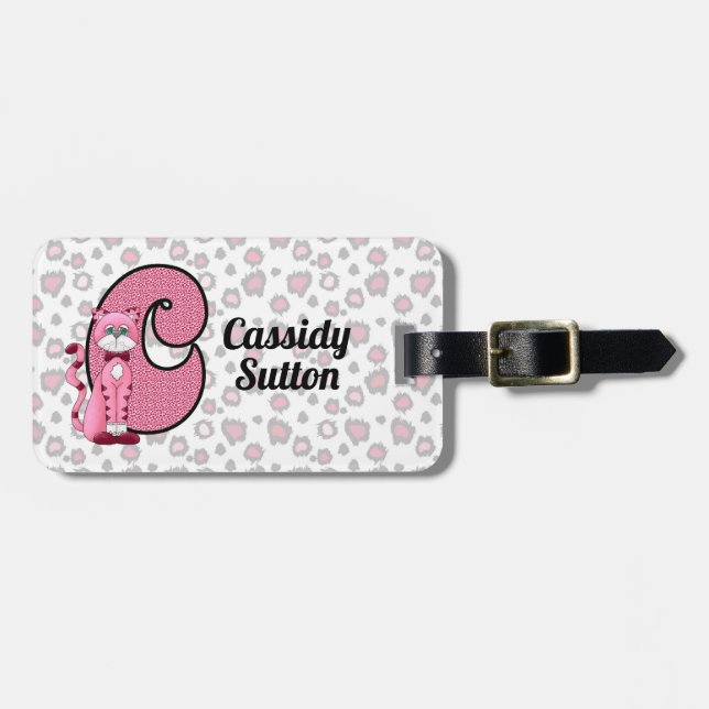 Pink Cat Monogrammed C Kids Traveller Luggage Tag (Front Horizontal)