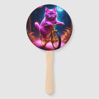 Pink Cat On A Golden Bicycle Scenic Path Hand Fan