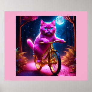 Pink Cat On A Golden Bicycle Scenic Path Poster