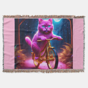 Pink Cat On A Golden Bicycle Scenic Path Throw Blanket