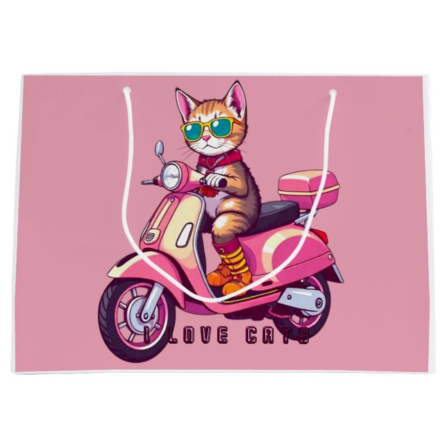 Pink cat on motor gift idea large gift bag (Front)